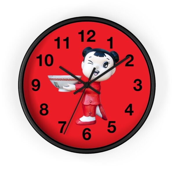asian restaurant greeter figure holding bowl on clock