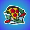 Cartoon pizza slice kayaking sticker