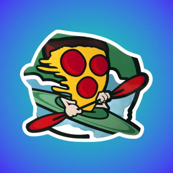 Cartoon pizza slice kayaking sticker