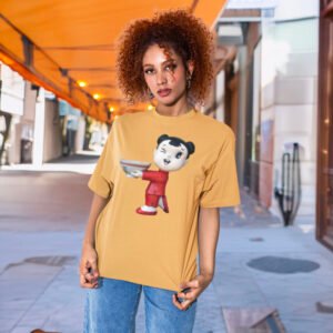 asian restaurant greeter figure holding bowl on t-shirt design