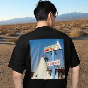 Wigwam motel teepee in San Bernadino, CA back print tee