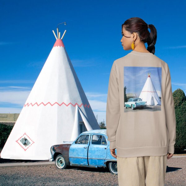 Route 66 Wigwam Motel back print sweatshirt in Holbrook, AZ.